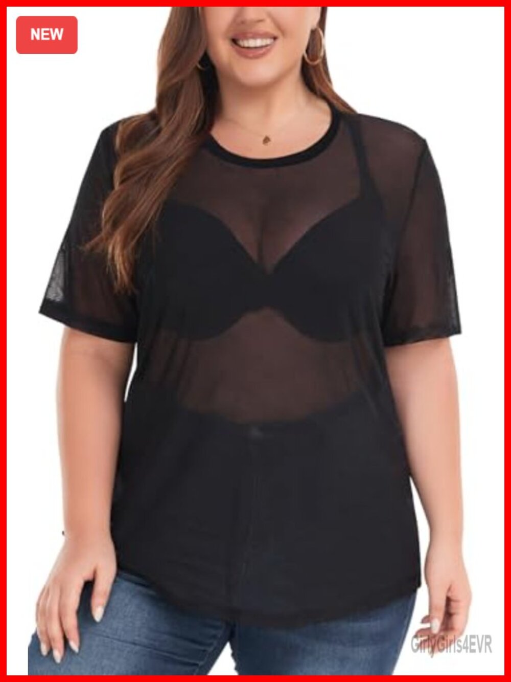 Plus Size Glitter Sheer Mesh Short Sleeve Tee Shirt Top
